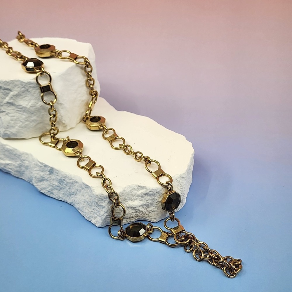 Gold Tone Smoky Brown Crystal Octagon Chain Necklace Statement Vintage Boho